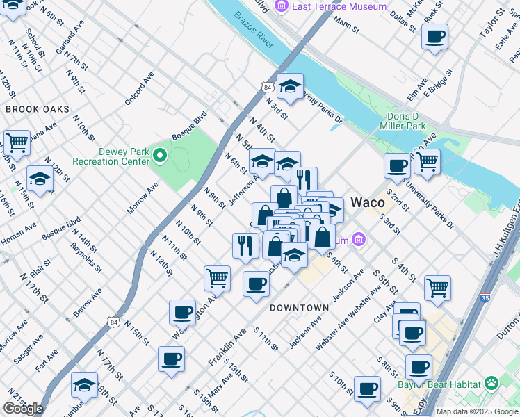 map of restaurants, bars, coffee shops, grocery stores, and more near 623 Columbus Avenue in Waco