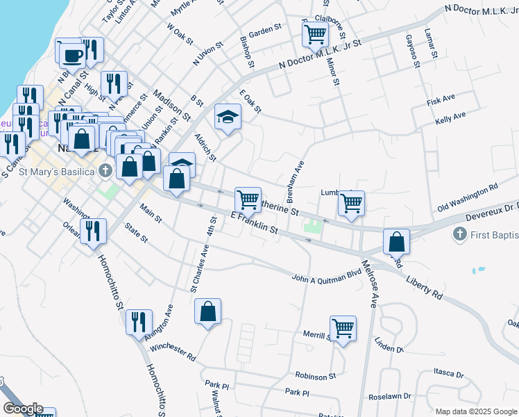 map of restaurants, bars, coffee shops, grocery stores, and more near 1-11 6th St in Natchez