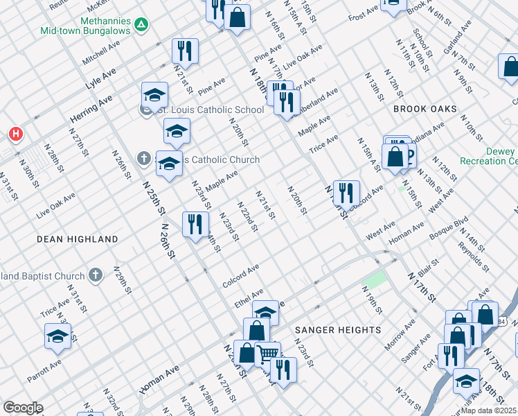map of restaurants, bars, coffee shops, grocery stores, and more near 2108 Lasker Avenue in Waco