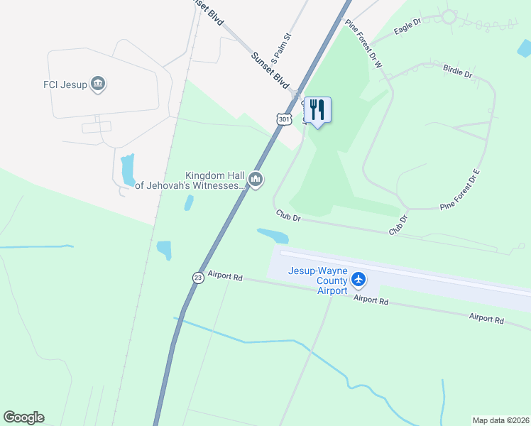 map of restaurants, bars, coffee shops, grocery stores, and more near 20 Club Drive in Jesup