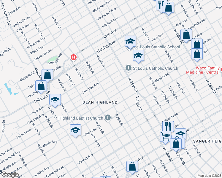 map of restaurants, bars, coffee shops, grocery stores, and more near 2728 Windsor Avenue in Waco