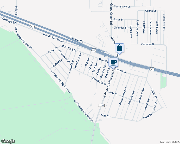 map of restaurants, bars, coffee shops, grocery stores, and more near 8066 Willow Ln in Grape Creek