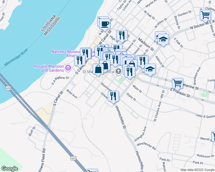 map of restaurants, bars, coffee shops, grocery stores, and more near 609 Washington Street in Natchez
