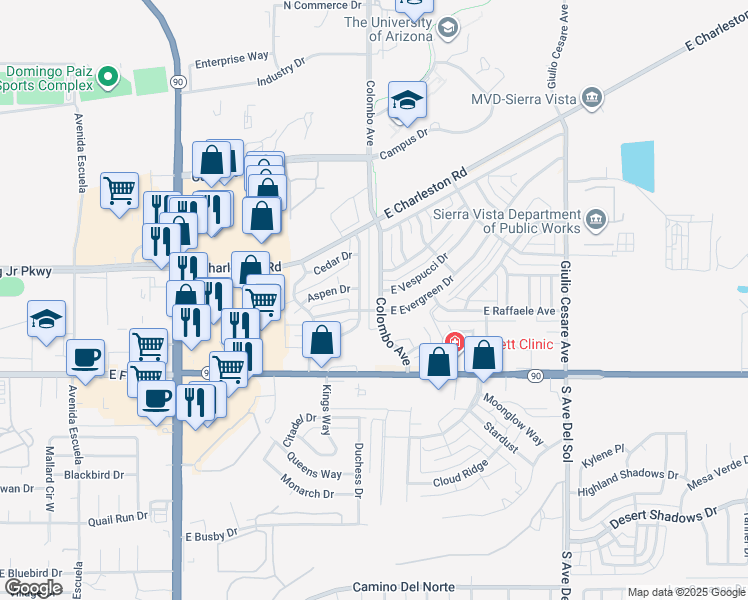 map of restaurants, bars, coffee shops, grocery stores, and more near 224 Colombo Avenue in Sierra Vista