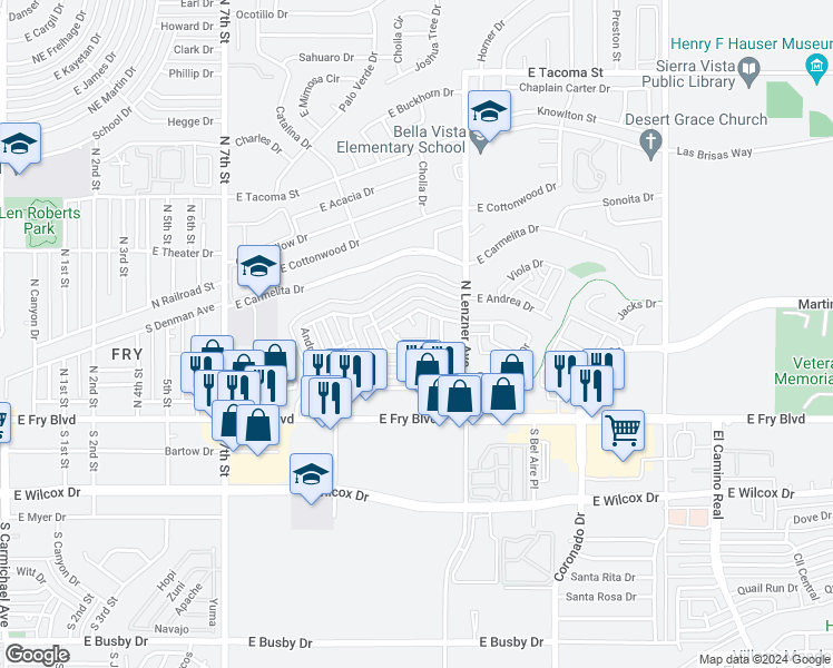 map of restaurants, bars, coffee shops, grocery stores, and more near 217 Cochise Court in Sierra Vista