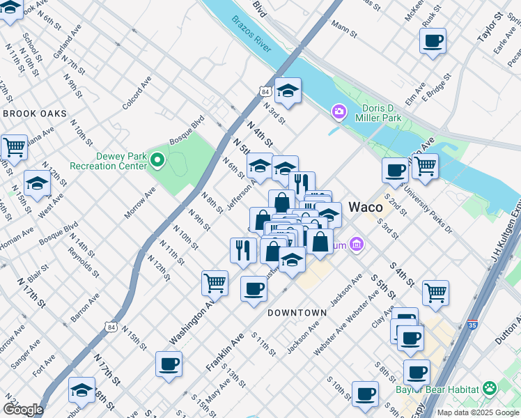 map of restaurants, bars, coffee shops, grocery stores, and more near 623 Columbus Avenue in Waco