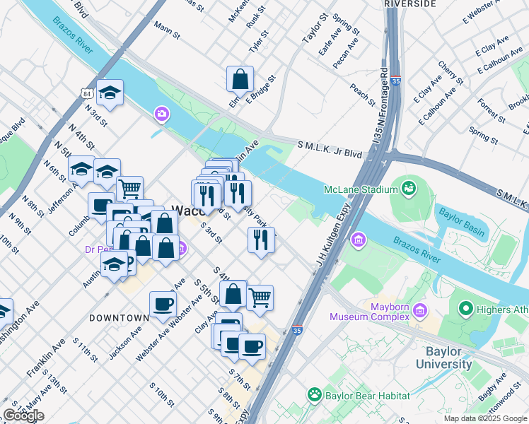 map of restaurants, bars, coffee shops, grocery stores, and more near 413 South 1st Street in Waco