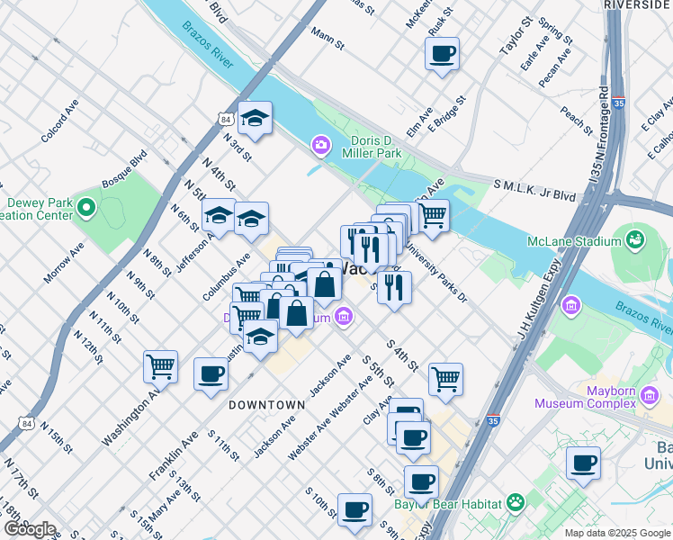 map of restaurants, bars, coffee shops, grocery stores, and more near in Waco