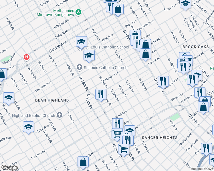 map of restaurants, bars, coffee shops, grocery stores, and more near 2308 Trice Avenue in Waco