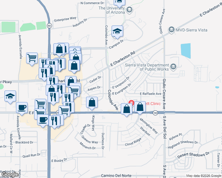 map of restaurants, bars, coffee shops, grocery stores, and more near 4832 East Vespucci Drive in Sierra Vista