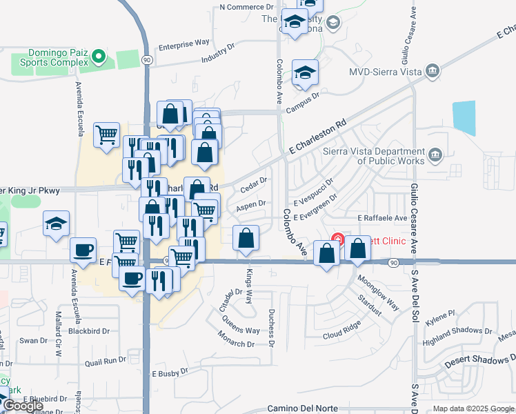 map of restaurants, bars, coffee shops, grocery stores, and more near 4665 East Evergreen Drive in Sierra Vista