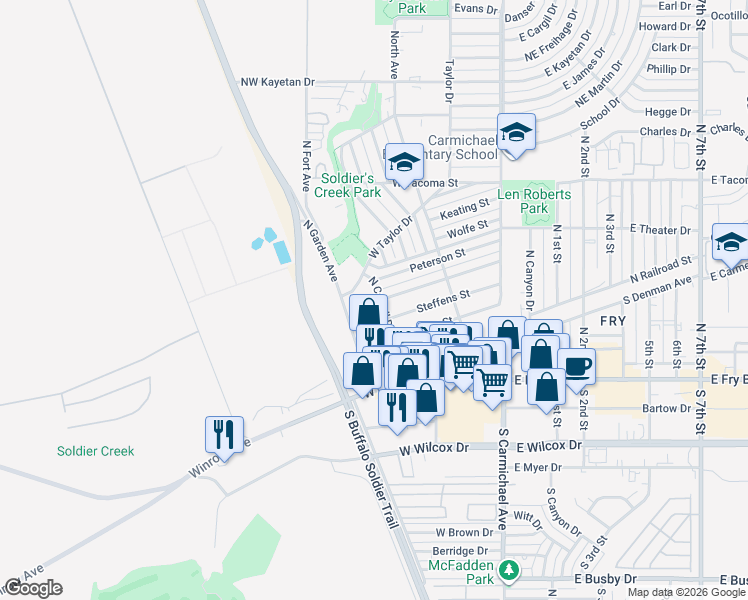 map of restaurants, bars, coffee shops, grocery stores, and more near 14 Whitton Street in Sierra Vista