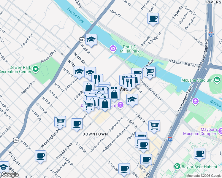 map of restaurants, bars, coffee shops, grocery stores, and more near S 4th St & Austin Ave in Waco
