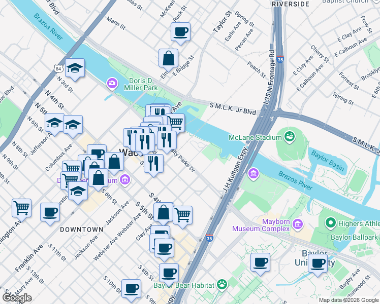 map of restaurants, bars, coffee shops, grocery stores, and more near 414 South University Parks Drive in Waco