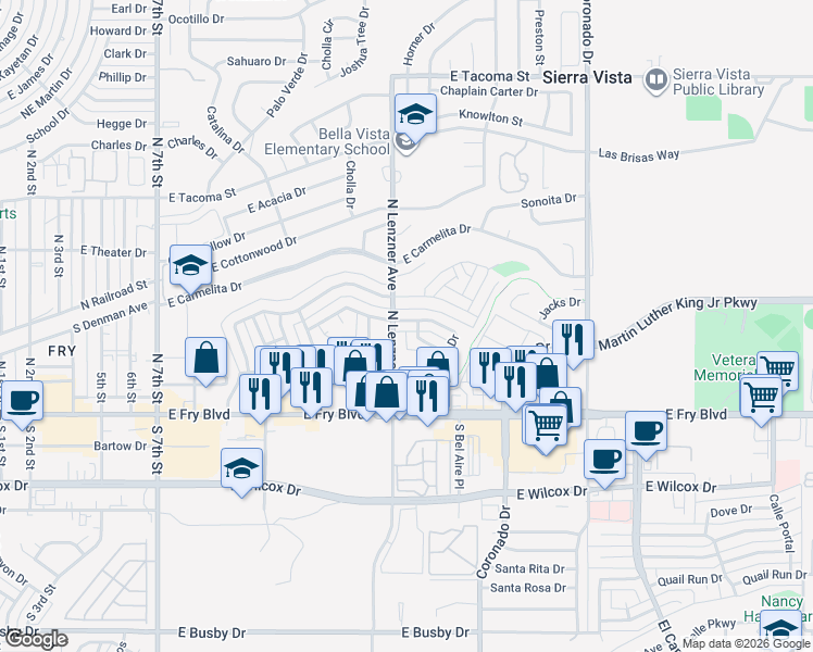 map of restaurants, bars, coffee shops, grocery stores, and more near in Sierra Vista