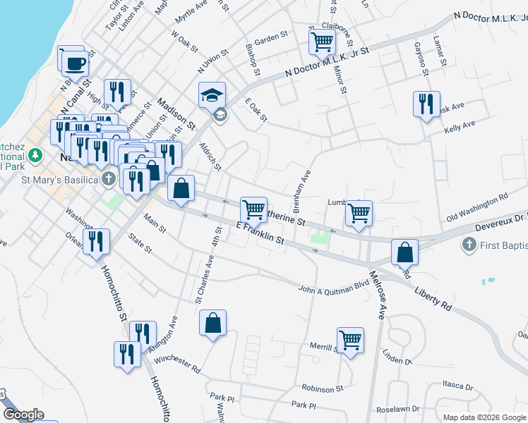 map of restaurants, bars, coffee shops, grocery stores, and more near 100 St Catherine St in Natchez