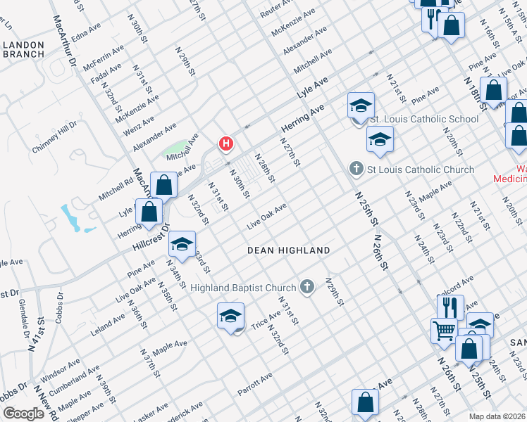 map of restaurants, bars, coffee shops, grocery stores, and more near 3006 Live Oak Avenue in Waco