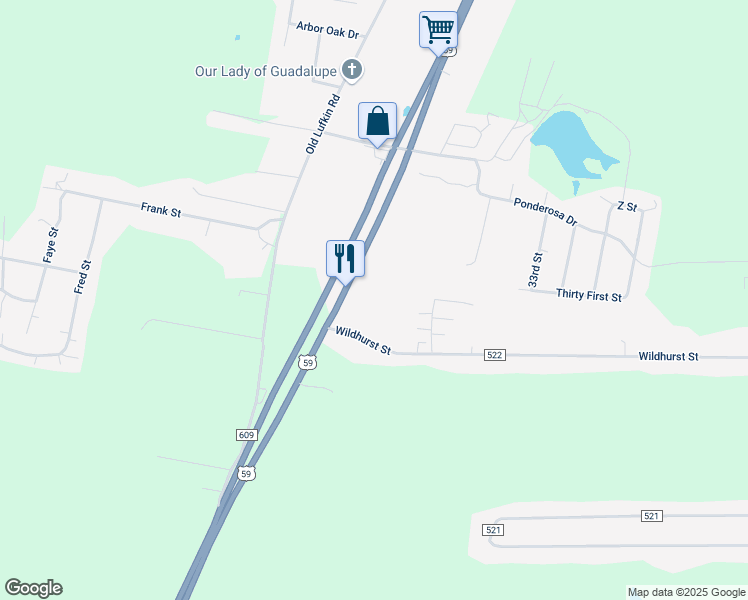 map of restaurants, bars, coffee shops, grocery stores, and more near 5223 South Street in Nacogdoches
