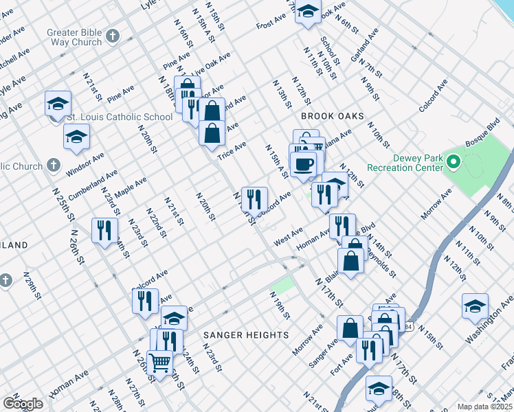 map of restaurants, bars, coffee shops, grocery stores, and more near 1716 Colcord Avenue in Waco