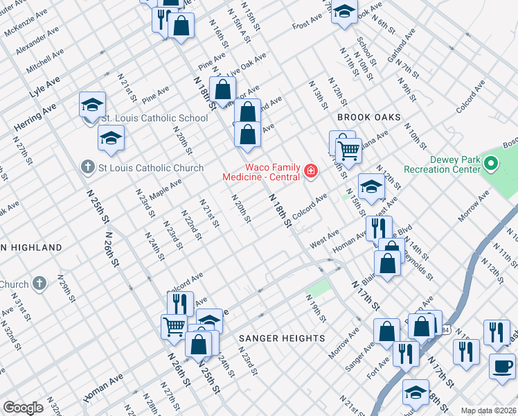 map of restaurants, bars, coffee shops, grocery stores, and more near 1920 Algonquin Street in Waco