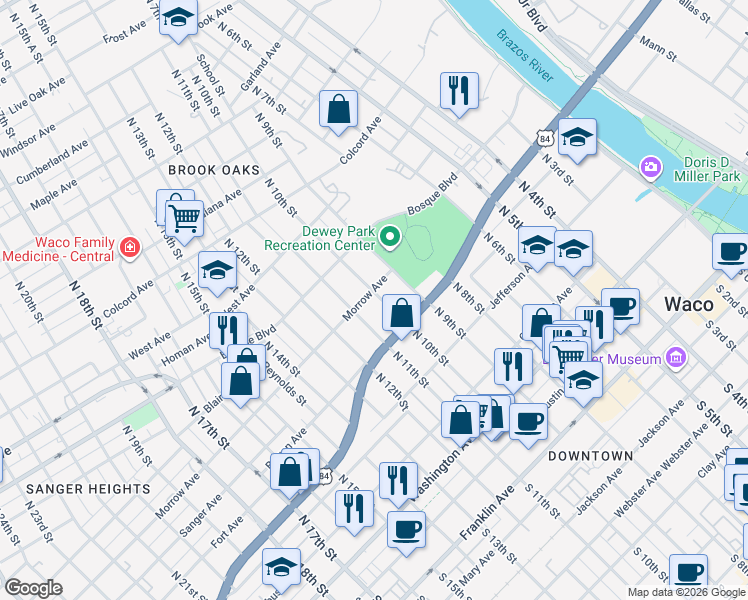 map of restaurants, bars, coffee shops, grocery stores, and more near 729 North 11th Street in Waco