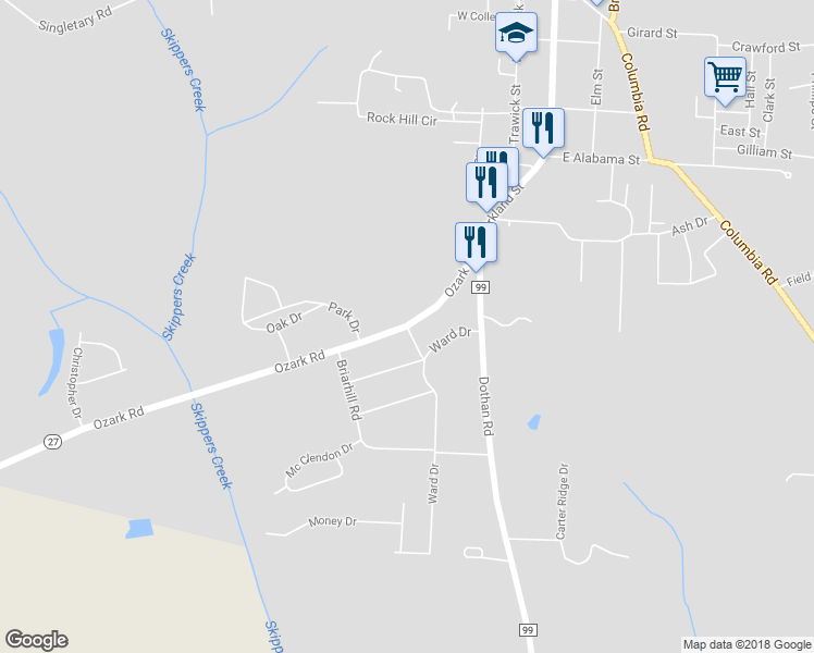 map of restaurants, bars, coffee shops, grocery stores, and more near 199 Ozark Road in Abbeville