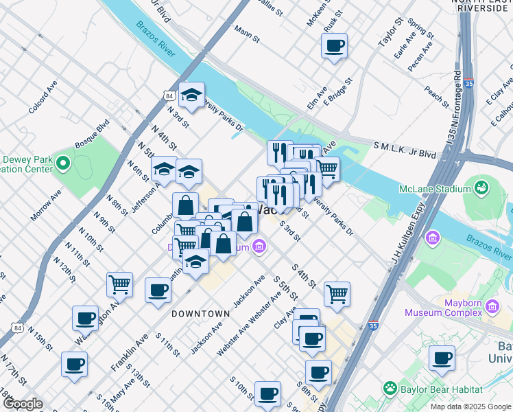 map of restaurants, bars, coffee shops, grocery stores, and more near 101 South 3rd Street in Waco