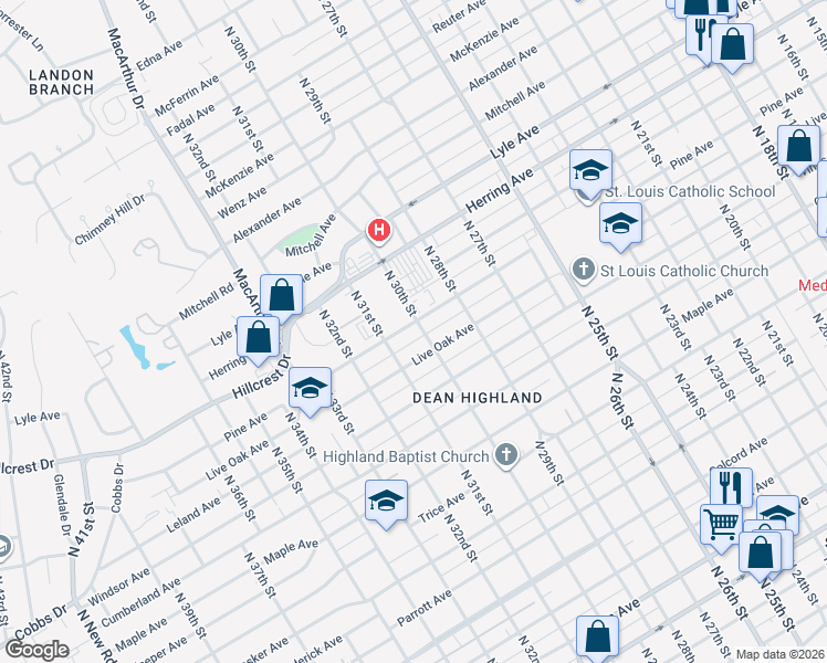 map of restaurants, bars, coffee shops, grocery stores, and more near 2913 Pine Avenue in Waco