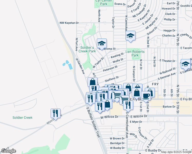 map of restaurants, bars, coffee shops, grocery stores, and more near 381 Peterson Street in Sierra Vista