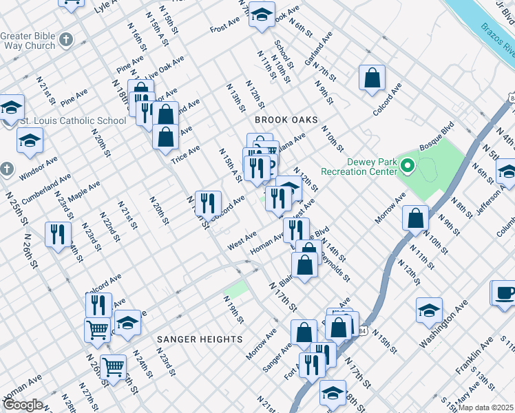 map of restaurants, bars, coffee shops, grocery stores, and more near 1219 North 16th Street in Waco