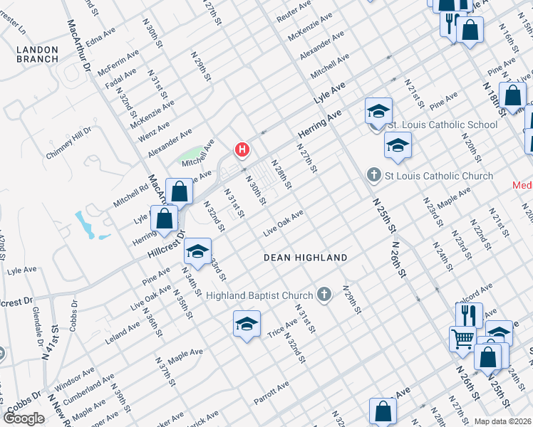 map of restaurants, bars, coffee shops, grocery stores, and more near 2913 Pine Avenue in Waco