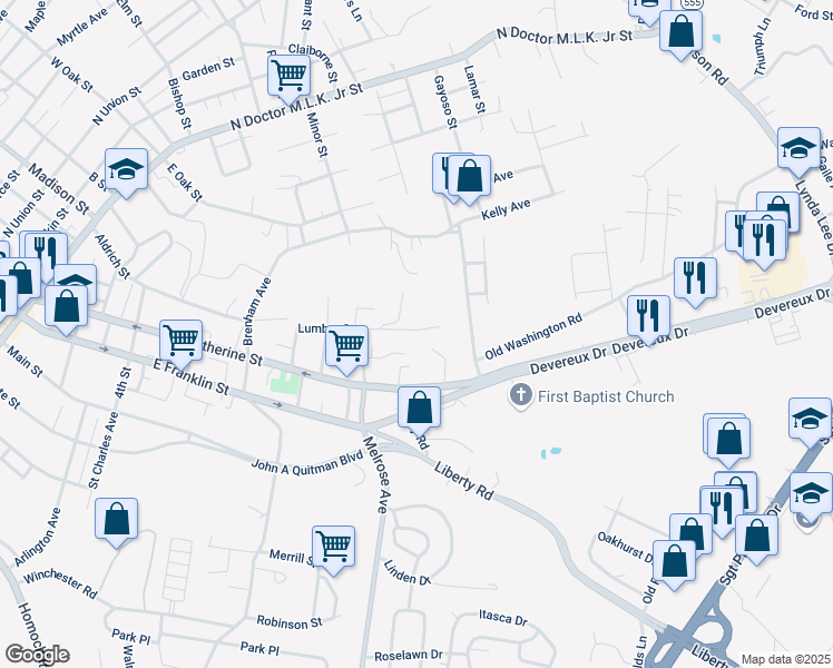 map of restaurants, bars, coffee shops, grocery stores, and more near 330 Lumber Street in Natchez
