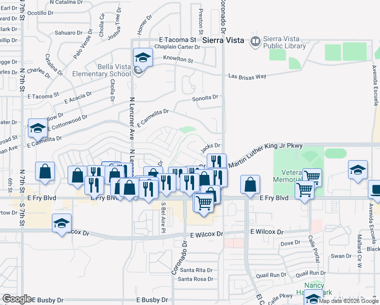 map of restaurants, bars, coffee shops, grocery stores, and more near 2072 Kaleigh Court in Sierra Vista