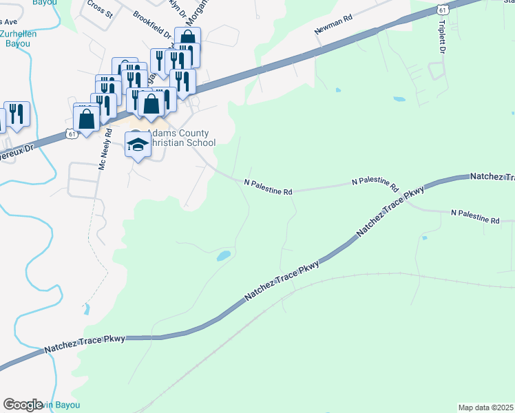 map of restaurants, bars, coffee shops, grocery stores, and more near 56 North Palestine Road in Natchez