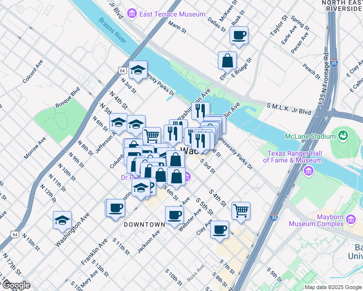 map of restaurants, bars, coffee shops, grocery stores, and more near 101 South 3rd Street in Waco