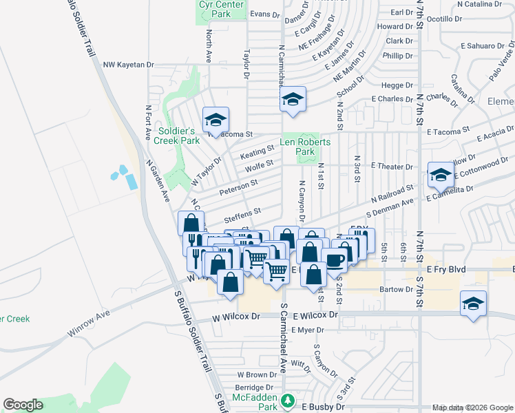 map of restaurants, bars, coffee shops, grocery stores, and more near 74 Sherbundy Street in Sierra Vista