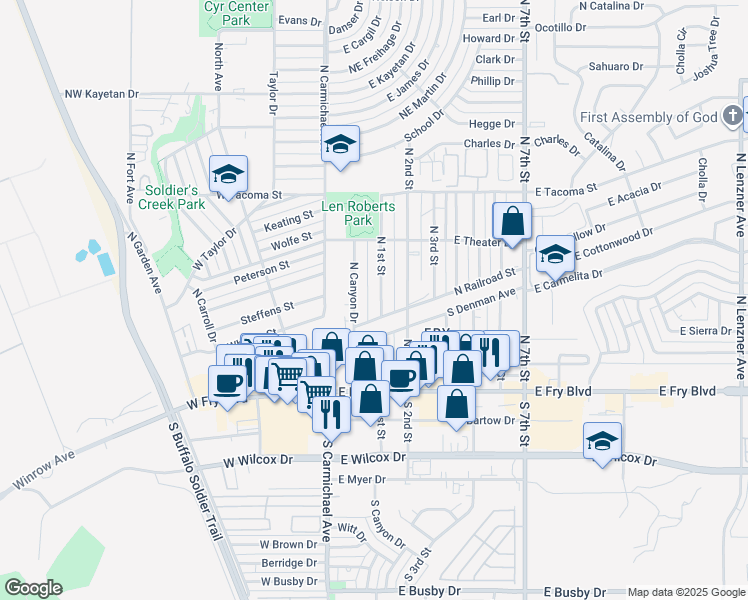 map of restaurants, bars, coffee shops, grocery stores, and more near 212 North 1st Street in Sierra Vista