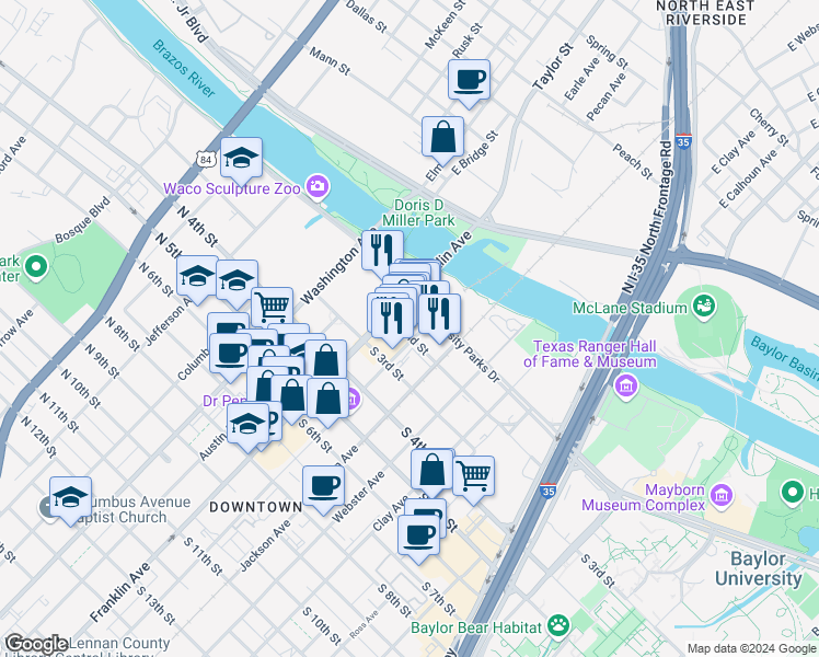 map of restaurants, bars, coffee shops, grocery stores, and more near 214 South University Parks Drive in Waco