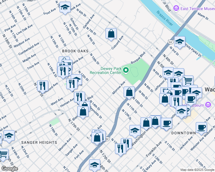 map of restaurants, bars, coffee shops, grocery stores, and more near 1007 North 11th Street in Waco