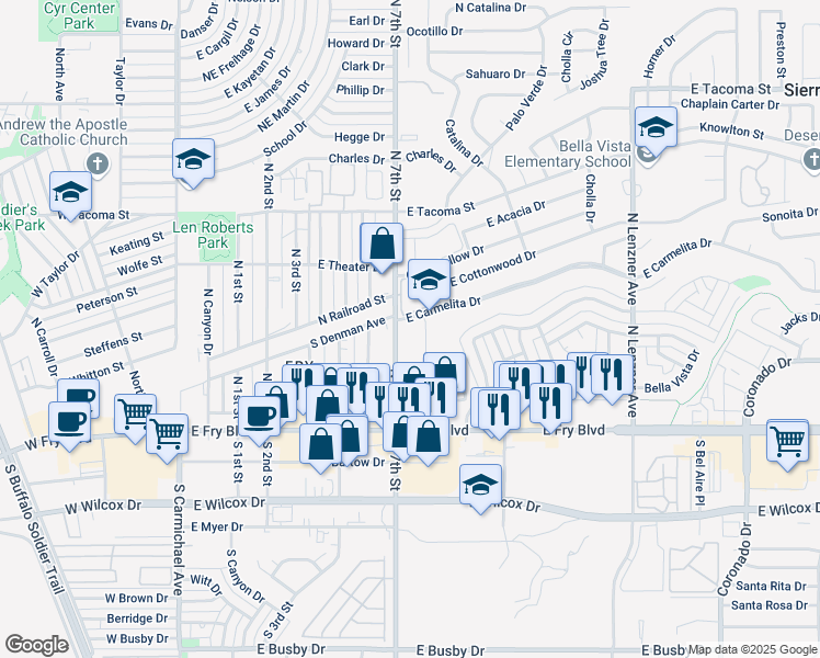 map of restaurants, bars, coffee shops, grocery stores, and more near 900 East Carmelita Drive in Sierra Vista