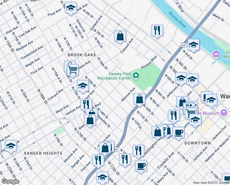 map of restaurants, bars, coffee shops, grocery stores, and more near 1007 North 11th Street in Waco