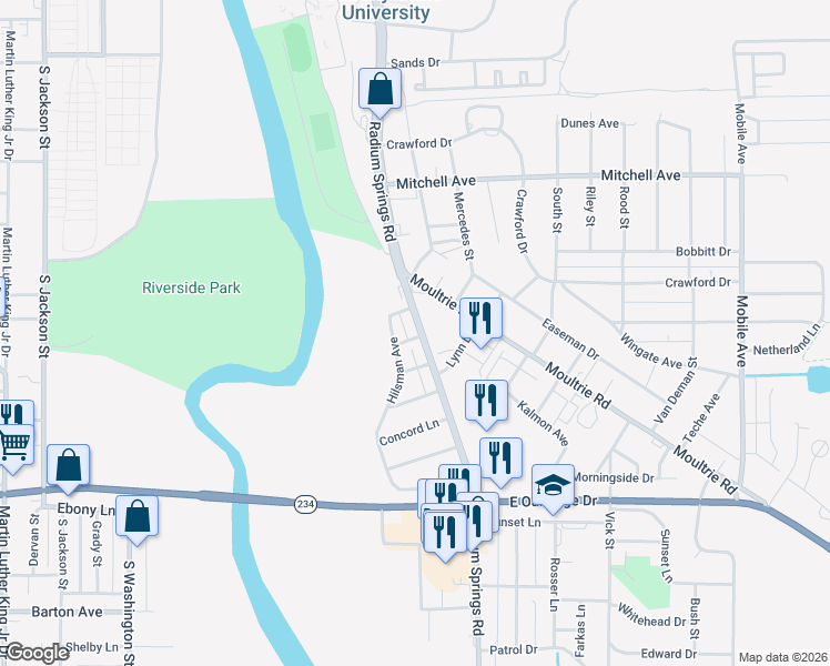 map of restaurants, bars, coffee shops, grocery stores, and more near 1103 Radium Springs Road in Albany