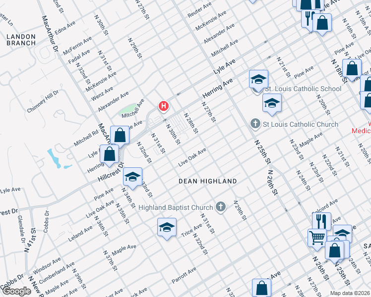 map of restaurants, bars, coffee shops, grocery stores, and more near 2913 Pine Avenue in Waco