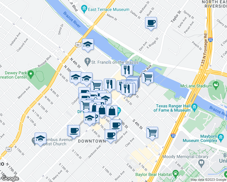map of restaurants, bars, coffee shops, grocery stores, and more near 330 Austin Avenue in Waco