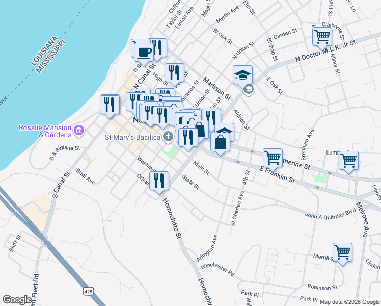 map of restaurants, bars, coffee shops, grocery stores, and more near 713 Main Street in Natchez