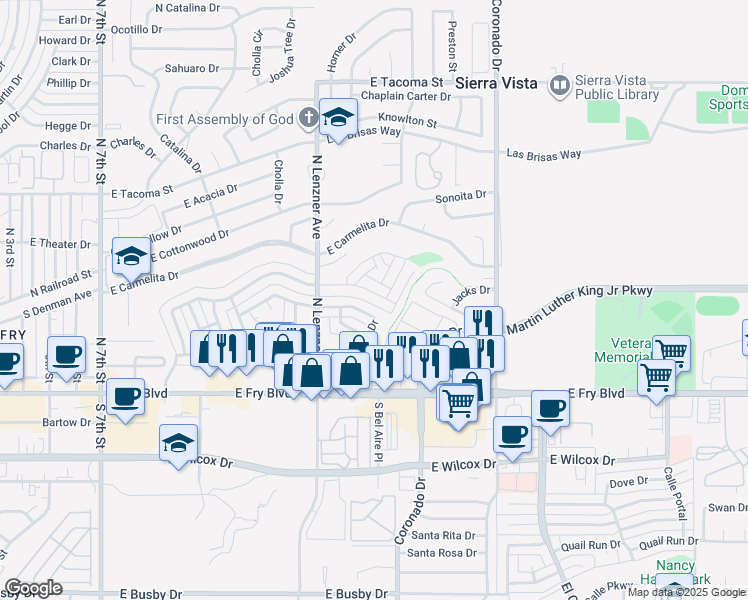 map of restaurants, bars, coffee shops, grocery stores, and more near 1648 Andrea Drive in Sierra Vista