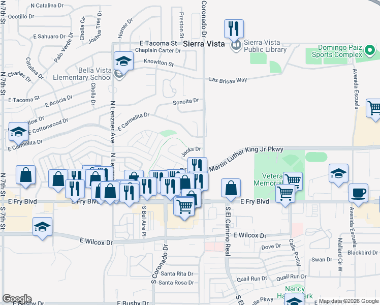 map of restaurants, bars, coffee shops, grocery stores, and more near 2222 Jacks Drive in Sierra Vista