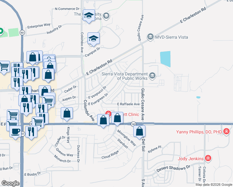 map of restaurants, bars, coffee shops, grocery stores, and more near 5031 Galileo Drive in Sierra Vista