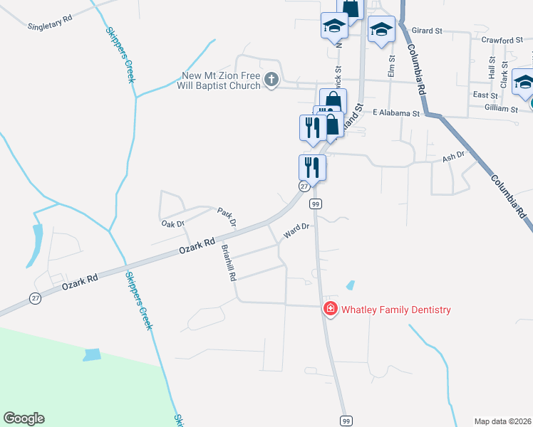 map of restaurants, bars, coffee shops, grocery stores, and more near 124 Ozark Rd in Abbeville