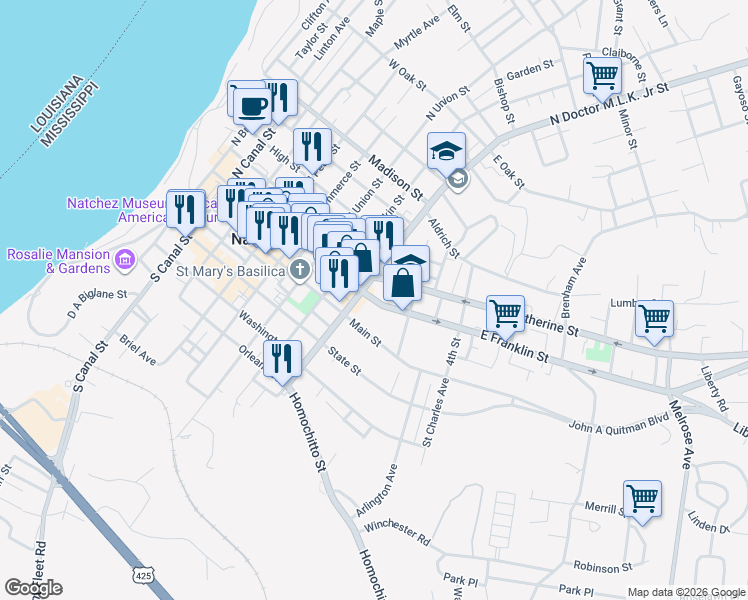 map of restaurants, bars, coffee shops, grocery stores, and more near 1 East Franklin Street in Natchez
